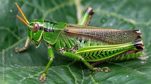 Close-up of a vibrant green grasshopper perched on a large leaf, showcasing its detailed anatomy in a lush environment photo