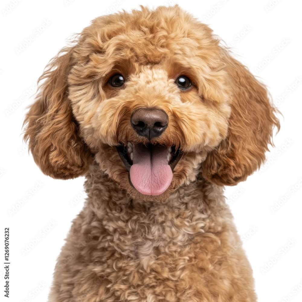 Adorable fluffy dog with curly golden fur and expressive eyes smiling at the camera against a plain white background, perfect for pet-themed projects Adorable fluffy dog with curly golden fur and expressive eyes smiling at the camera against a plain white background, perfect for pet-themed projects