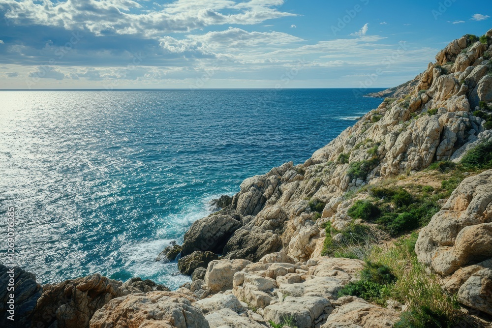 Serene Coastal Landscape with Rugged Rocky Cliffs and Peaceful Blue Waters Under a Bright Sky Serene Coastal Landscape with Rugged Rocky Cliffs and Peaceful Blue Waters Under a Bright Sky