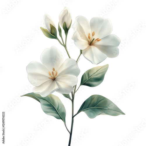 A white flower with green leaves is the main focus of the image