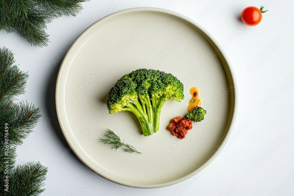 A roasted broccoli steak elegantly displayed on a matte ceramic plate. The dish features a minimalist touch with tomato butter and tapenade, offering a modern culinary presentation. A roasted broccoli steak elegantly displayed on a matte ceramic plate. The dish features a minimalist touch with tomato butter and tapenade, offering a modern culinary presentation.