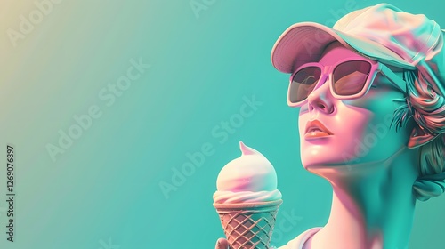 Summertime Cool:  A  classic bust sculpture wearing sunglasses and a baseball cap, a refreshing ice cream cone in hand.