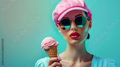 Sweet Summer Style: A chic woman with vibrant red lipstick, pink cap, and stylish sunglasses holds a tempting ice cream cone against a cool teal background.  