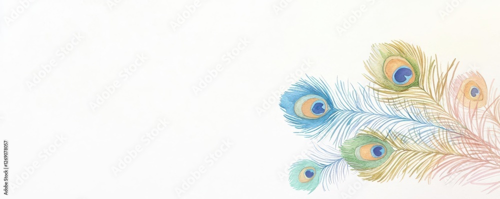 Obraz premium Beautiful watercolor peacock feathers in soft pastel hues.