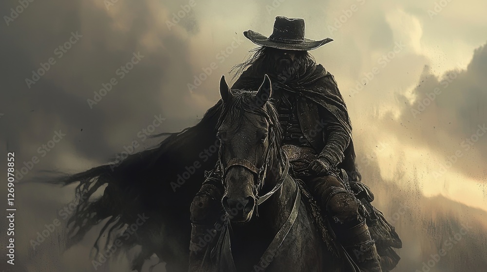 Fototapeta premium Mysterious figure on horseback rides through a desolate landscape at twilight