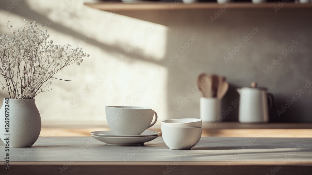 Fototapeta premium Rustic kitchen table with cups, teapot, and soft natural light