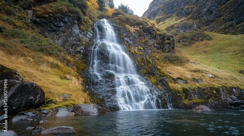 A waterfall cascading down a moss-covered cliff into a clear pool