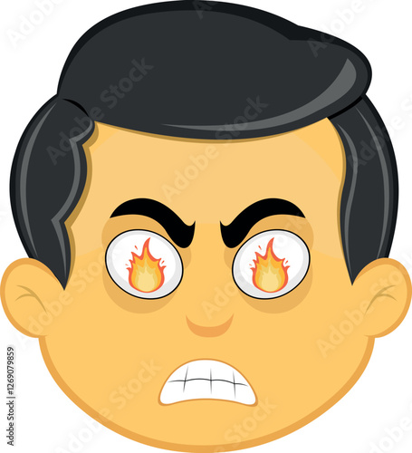 vector illustration yellow emoji character male, with a furious expression and fire flame in his eyes