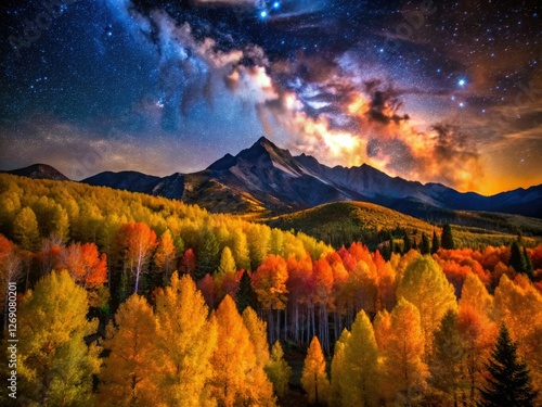 Vibrant aspen leaves, starry Kebler Pass sky, Milky Way illuminating autumn nights. photo