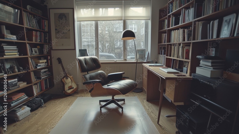 Cozy study space with a comfortable chair, bookshelves, and natural light in an urban apartment Cozy study space with a comfortable chair, bookshelves, and natural light in an urban apartment