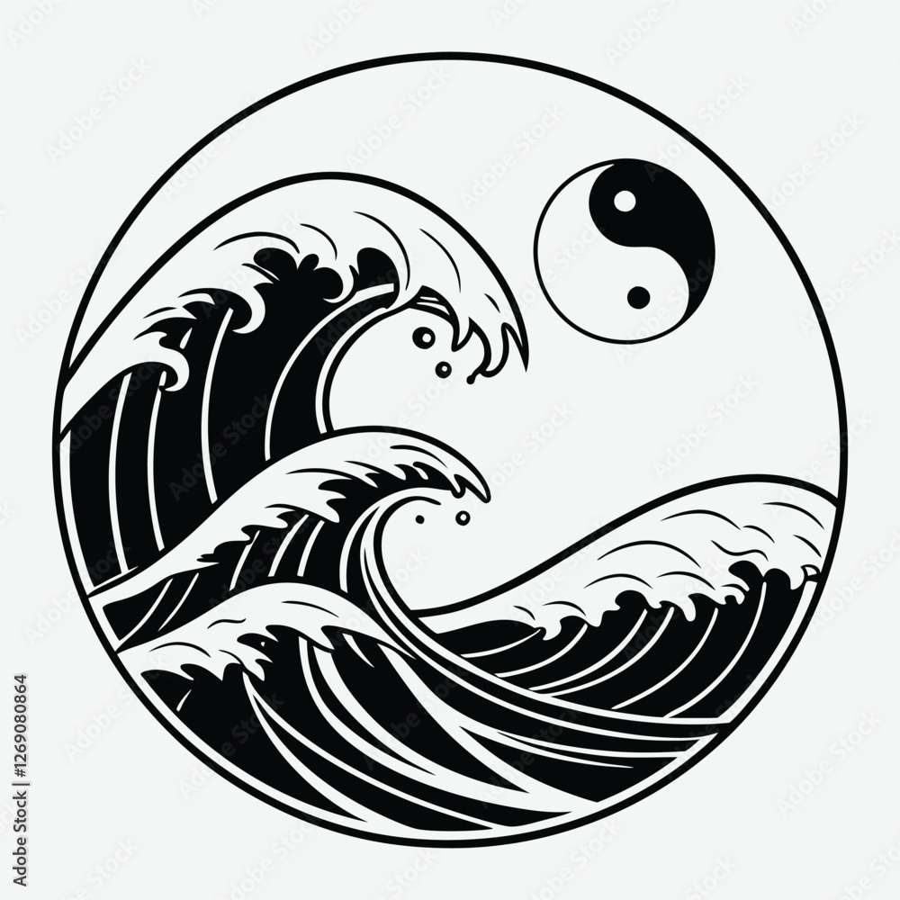 Fototapeta premium Minimalist silhouette of crashing waves forming a circular retro design vector art with illustration