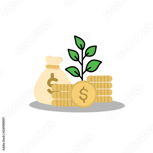 Financial investments or money savings concept with stacks of coins with plants growing up.