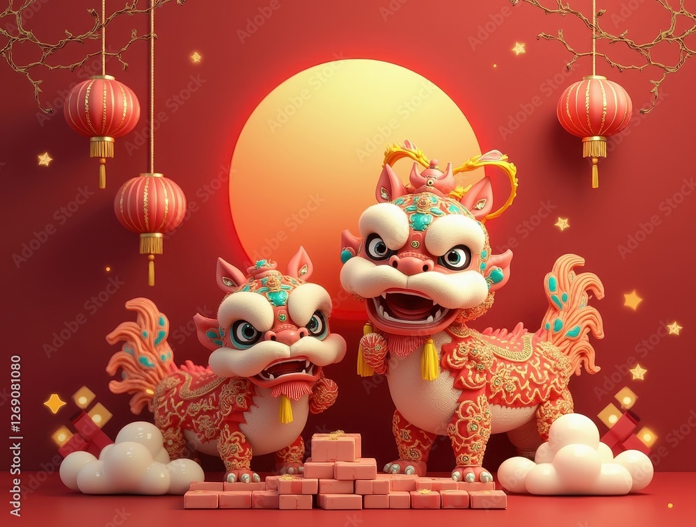 Two chinese guardian lions celebrating lunar new year with red lanterns and full moon