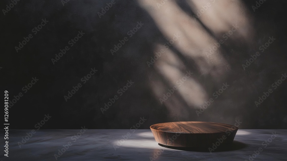 Minimalist wooden bowl on a dark textured surface with soft light Minimalist wooden bowl on a dark textured surface with soft light