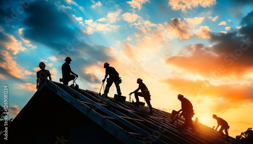 Fototapeta Naklejka Na Ścianę i Meble -  Sunset Roofers Teamwork Construction Site