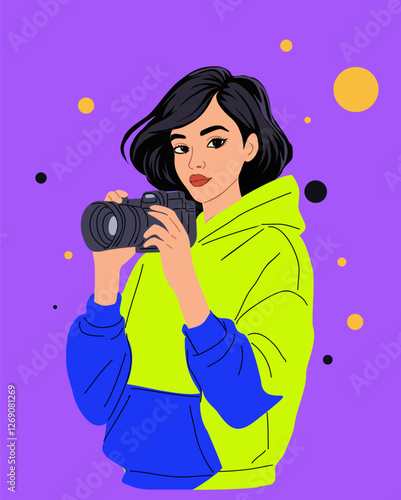 Young woman is holding a camera and wearing a yellow hoodie. The image is a cartoon of a woman taking a picture