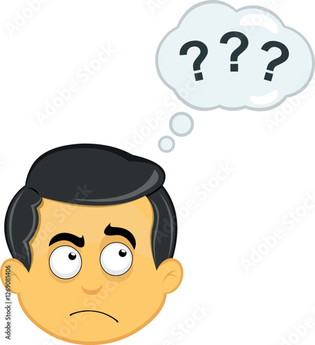 vector illustration yellow emoji character male, with a doubtful or thinking expression and a thought cloud with question marks