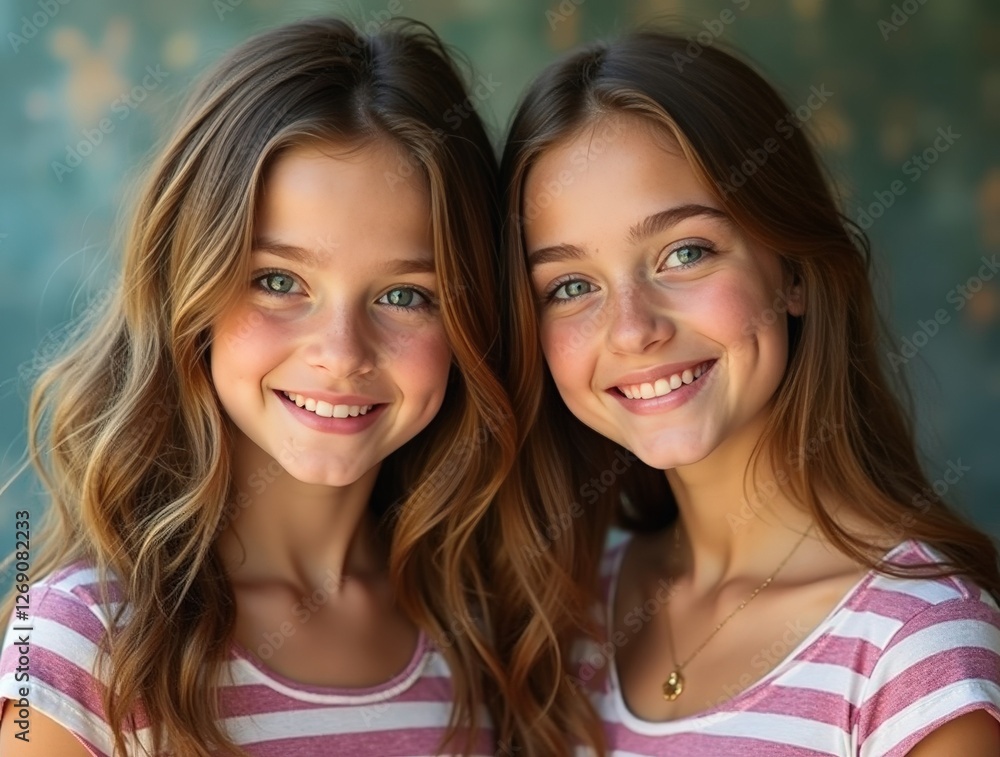 Identical twin girls smiling and showing their beautiful teeth Identical twin girls smiling and showing their beautiful teeth