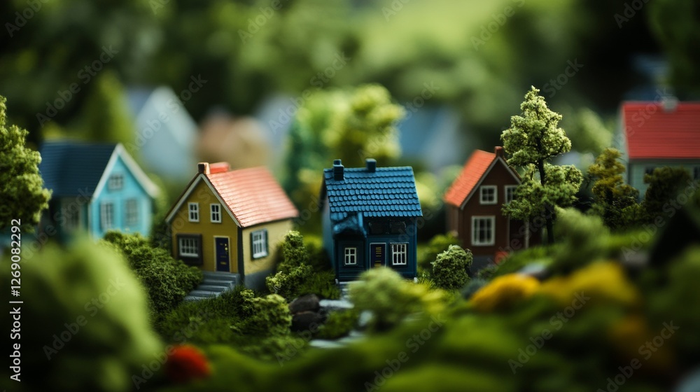 Miniature houses surrounded by lush greenery with shallow focus Miniature houses surrounded by lush greenery with shallow focus