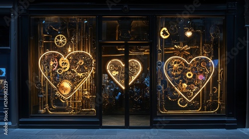 Steampunk themed window display with brass pipes forming neon lit heart shapes, intricate mechanical details photo