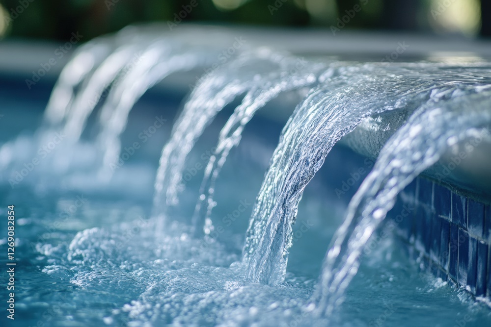 Crystal clear water cascades gently into a serene pool surrounded by nature in the afternoon. Generative AI Crystal clear water cascades gently into a serene pool surrounded by nature in the afternoon. Generative AI