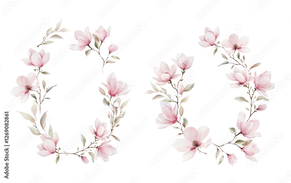 Fototapeta premium Watercolor Illustration Magnolia Wreath. Botanical illustration for invitation and social media.