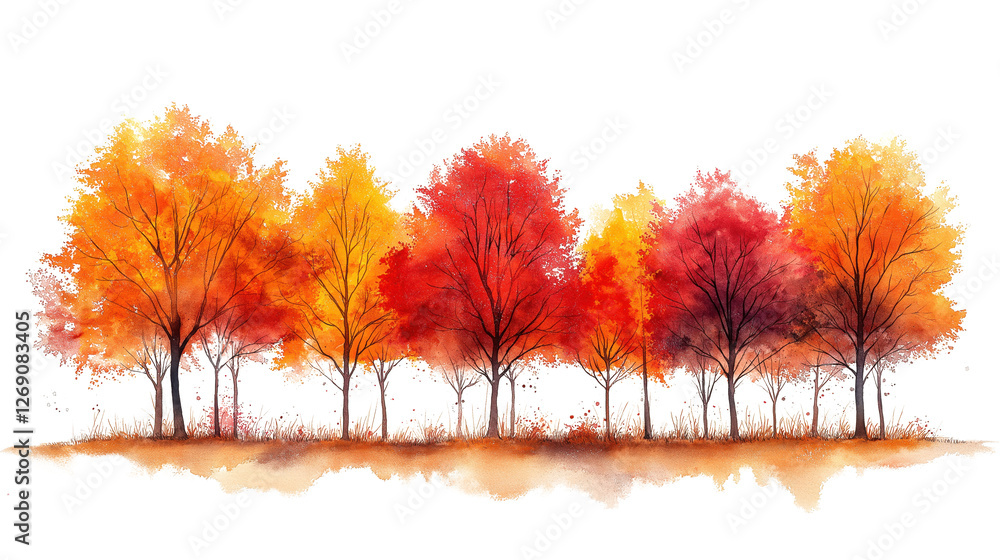 A row of trees with leaves that are orange and red A row of trees with leaves that are orange and red