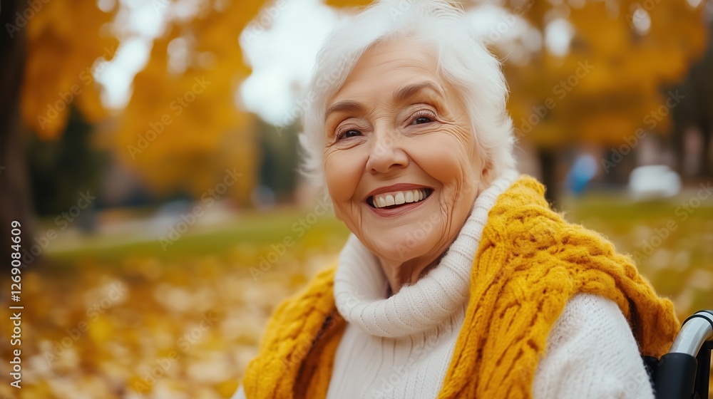 Golden Autumn Smile: A vibrant senior woman with warm, silver hair smiles radiantly, showcasing the beauty and vibrancy of aging gracefully amidst a backdrop of golden autumn leaves. Golden Autumn Smile: A vibrant senior woman with warm, silver hair smiles radiantly, showcasing the beauty and vibrancy of aging gracefully amidst a backdrop of golden autumn leaves.