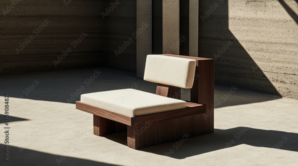 Minimalist Walnut Wood Chair with Off-White Cushion, Modern Design in Sunlit Room Minimalist Walnut Wood Chair with Off-White Cushion, Modern Design in Sunlit Room