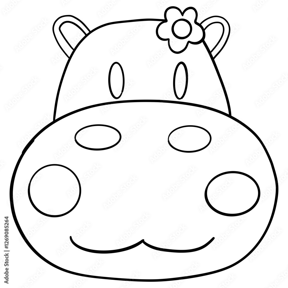 Outline coloring , Cute cartoon hippo head with a flower accessory. Outline coloring , Cute cartoon hippo head with a flower accessory.