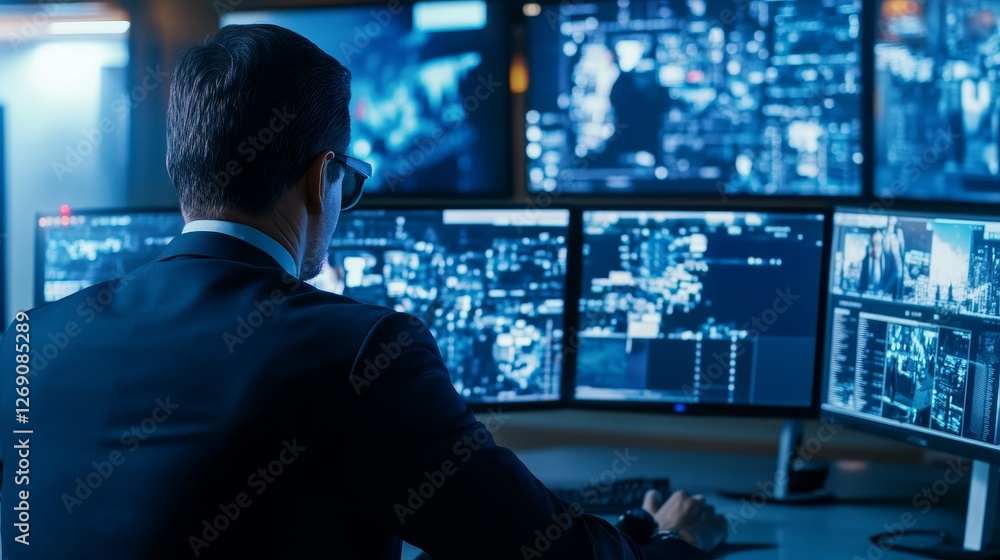 Business professional monitoring multiple screens displaying data analytics in a modern office Business professional monitoring multiple screens displaying data analytics in a modern office