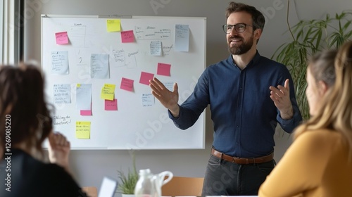Engaging Presentation: A charismatic speaker passionately delivers a presentation to a captivated audience, using a whiteboard covered in colorful sticky notes to illustrate key points.