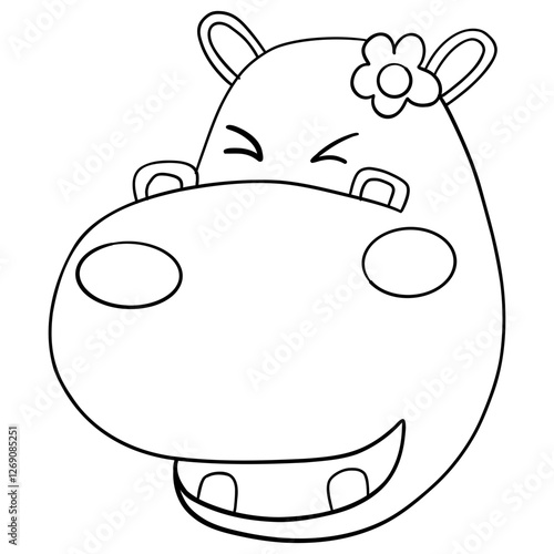 Outline coloring , Smiling cartoon hippo head with a flower decoration. photo