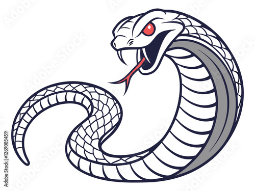 Dynamic illustration of a cobra snake with an open mouth, red eyes, and a forked tongue, showcasing detailed scales and a coiled body.