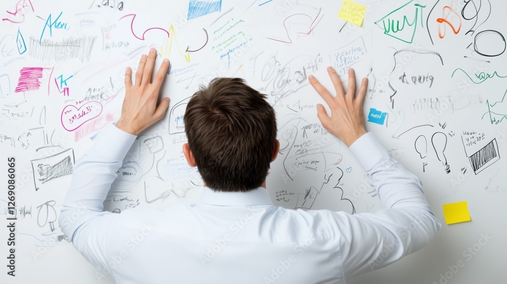 Overwhelmed: A businessman leans against a wall covered in chaotic notes and drawings, expressing stress and the pressure of a demanding job. Overwhelmed: A businessman leans against a wall covered in chaotic notes and drawings, expressing stress and the pressure of a demanding job.