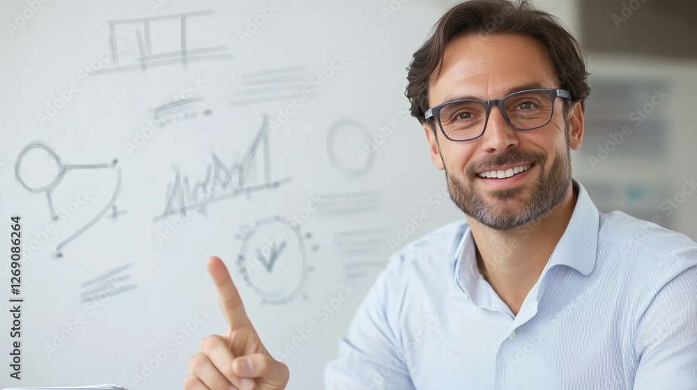 Confident Businessman Presentation: A friendly, smiling man in glasses confidently points to a whiteboard filled with diagrams and charts, conveying expertise and success in a business presentation. Confident Businessman Presentation: A friendly, smiling man in glasses confidently points to a whiteboard filled with diagrams and charts, conveying expertise and success in a business presentation.