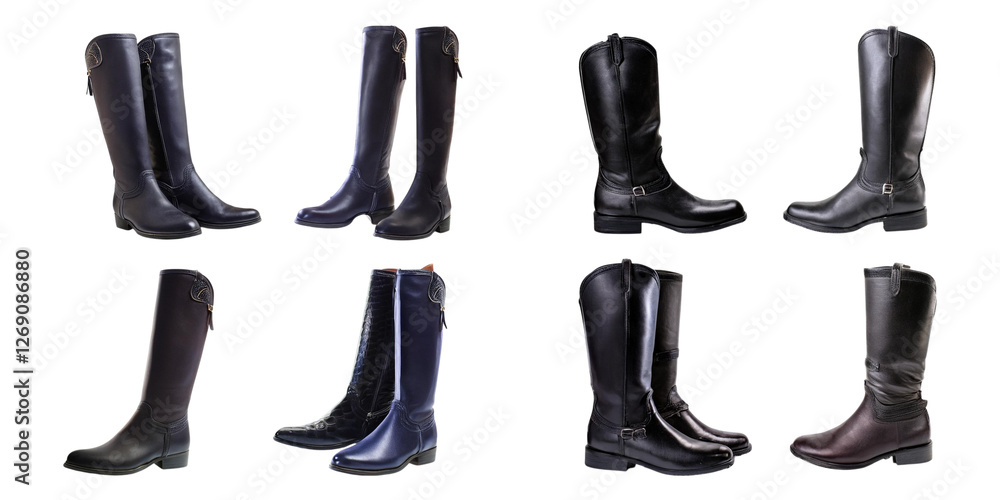 Collection of Stylish Leather Boots in Various Colors and Designs, isolated on transparent background