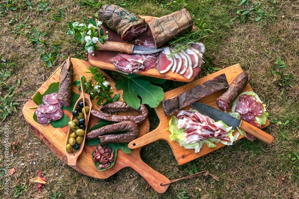 Auswahl korsischer Wurstspezialitäten mit Figatellu, Coppa, Lonzu, Panzetta und Saucisse Corse de pork.