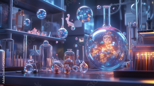 Surreal lab where scientists extract and analyze colorful dream bubbles, floating thought experiments, 8k whimsical details