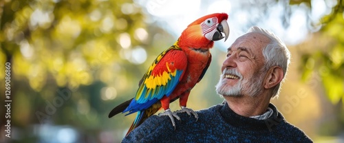 A parrot playfully sitting on an old mans shoulder, mimicking his words photo