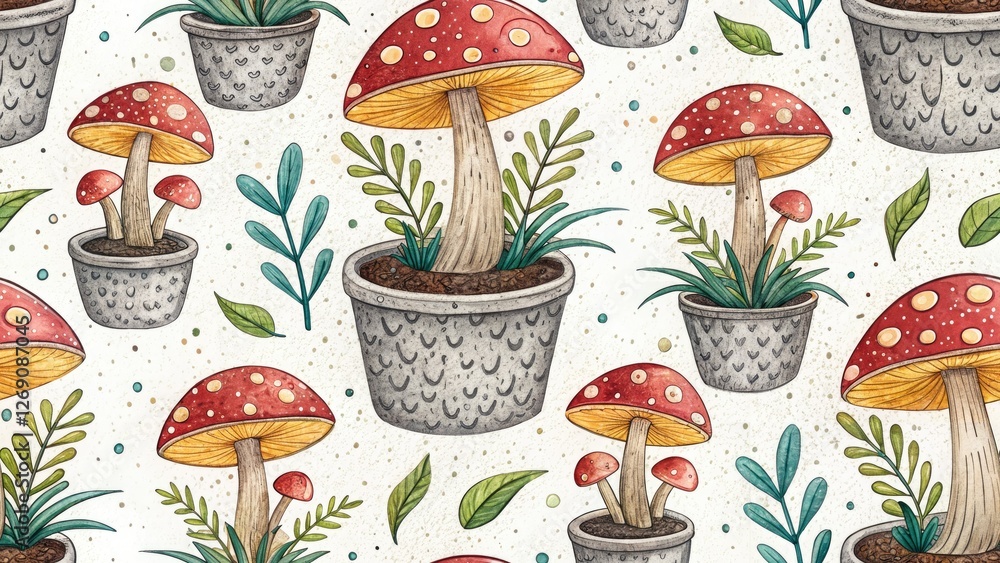 Aerial View Mushroom Illustration Textured Planter Pot, Fantasy Fungi Art, High-Angle Shot, Botanical Print Aerial View Mushroom Illustration Textured Planter Pot, Fantasy Fungi Art, High-Angle Shot, Botanical Print