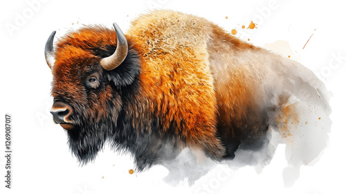 A buffalo with brown and white fur is standing in front of a white background