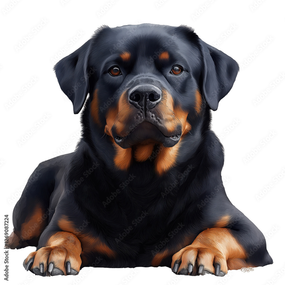 A black and brown dog is laying down on a white background A black and brown dog is laying down on a white background