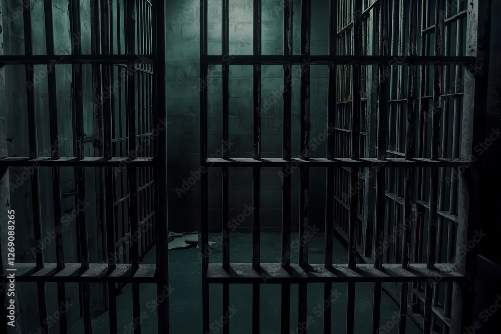 A prison cell with metal bars and dim lighting, emphasizing the consequences of breaking the law and the justice system. A prison cell with metal bars and dim lighting, emphasizing the consequences of breaking the law and the justice system.