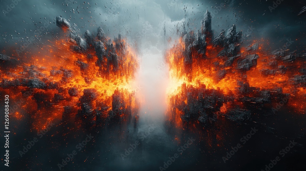 Dramatic volcanic eruption with fiery lava and smoke, creating a surreal landscape at twilight Dramatic volcanic eruption with fiery lava and smoke, creating a surreal landscape at twilight