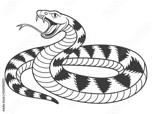 Intricate black and white cobra illustration with open mouth, showcasing detailed scales and menacing posture.