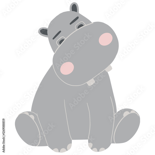 Cute cartoon hippo sitting down with a playful expression.