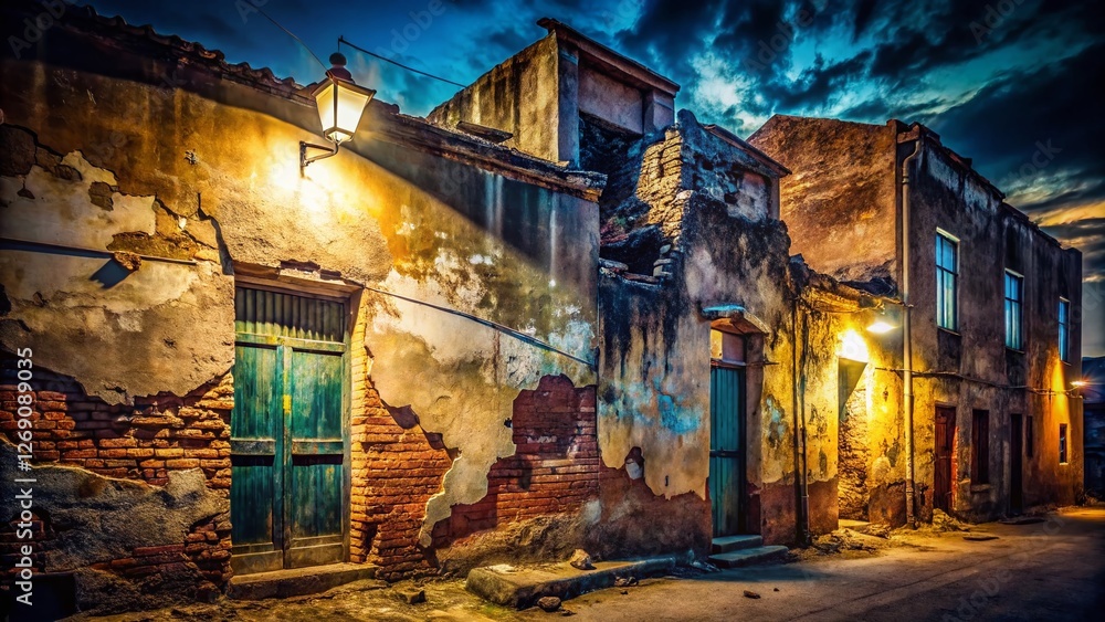 Fototapeta premium Night Photography: Crumbling Vintage Wall, Old Plaster Texture, Decaying Brickwork, Urban Decay, Grungy Background