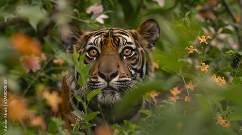 In a stunning setting with plenty of foliage and blossoms a young female tiger