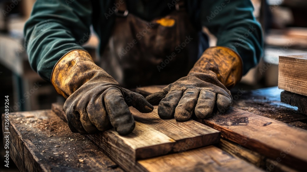 A craftsman wearing worn-out leather gloves while working with wood, emphasizing durability and ruggedness. A craftsman wearing worn-out leather gloves while working with wood, emphasizing durability and ruggedness.